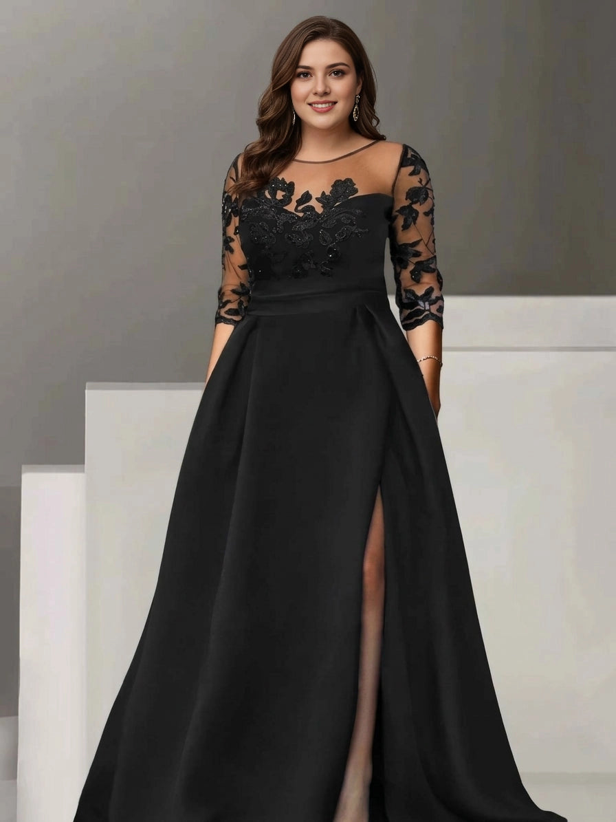 roselledress black satin a line plus size mother of the bride floor length dress illusion round 3/4 lace sleeve high slit with pockets formal evening gown