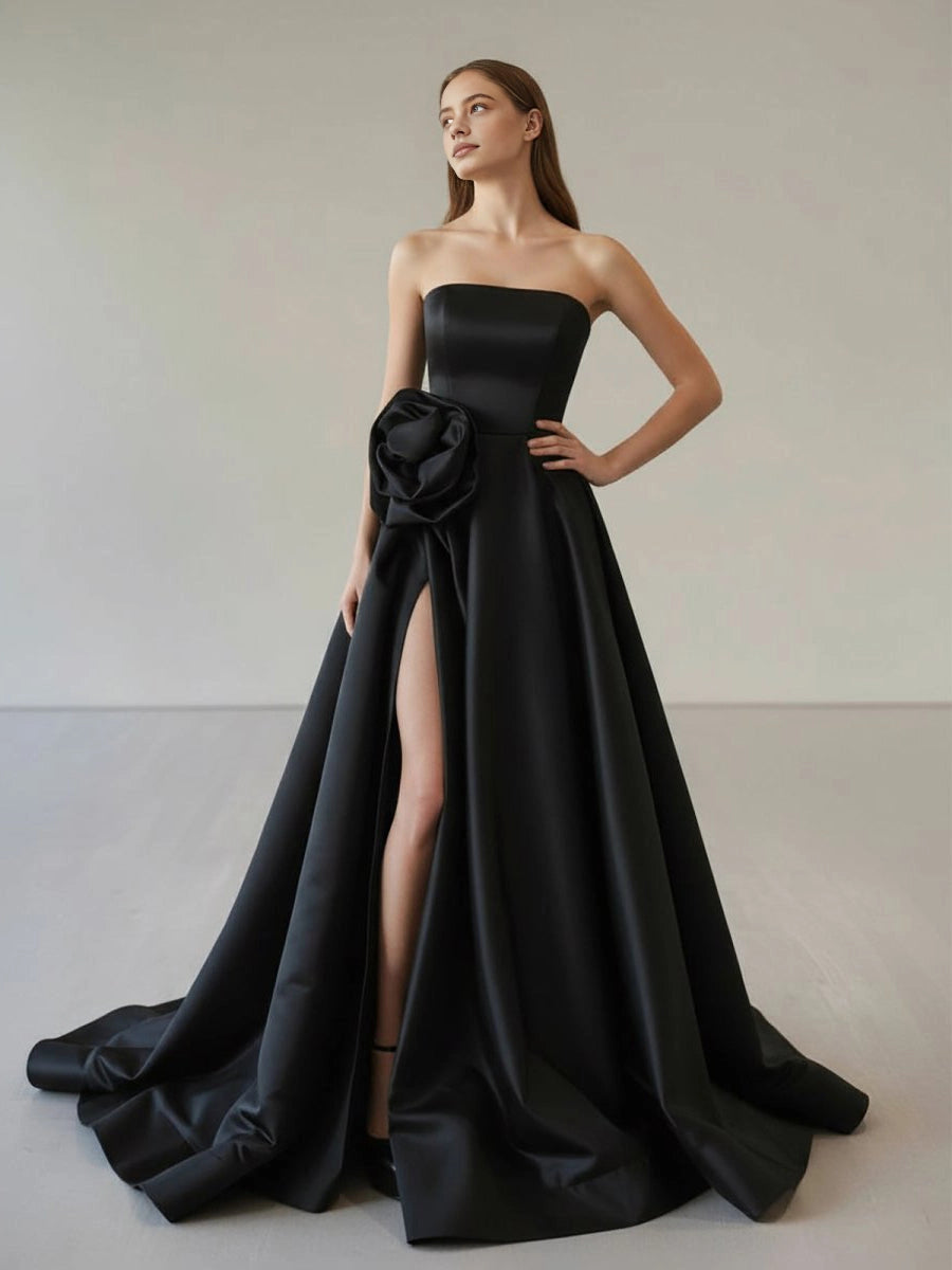 Roselledress Structured Satin Aline Strapless Floral Corset LaceUpBack Train Plus Size Prom Dress