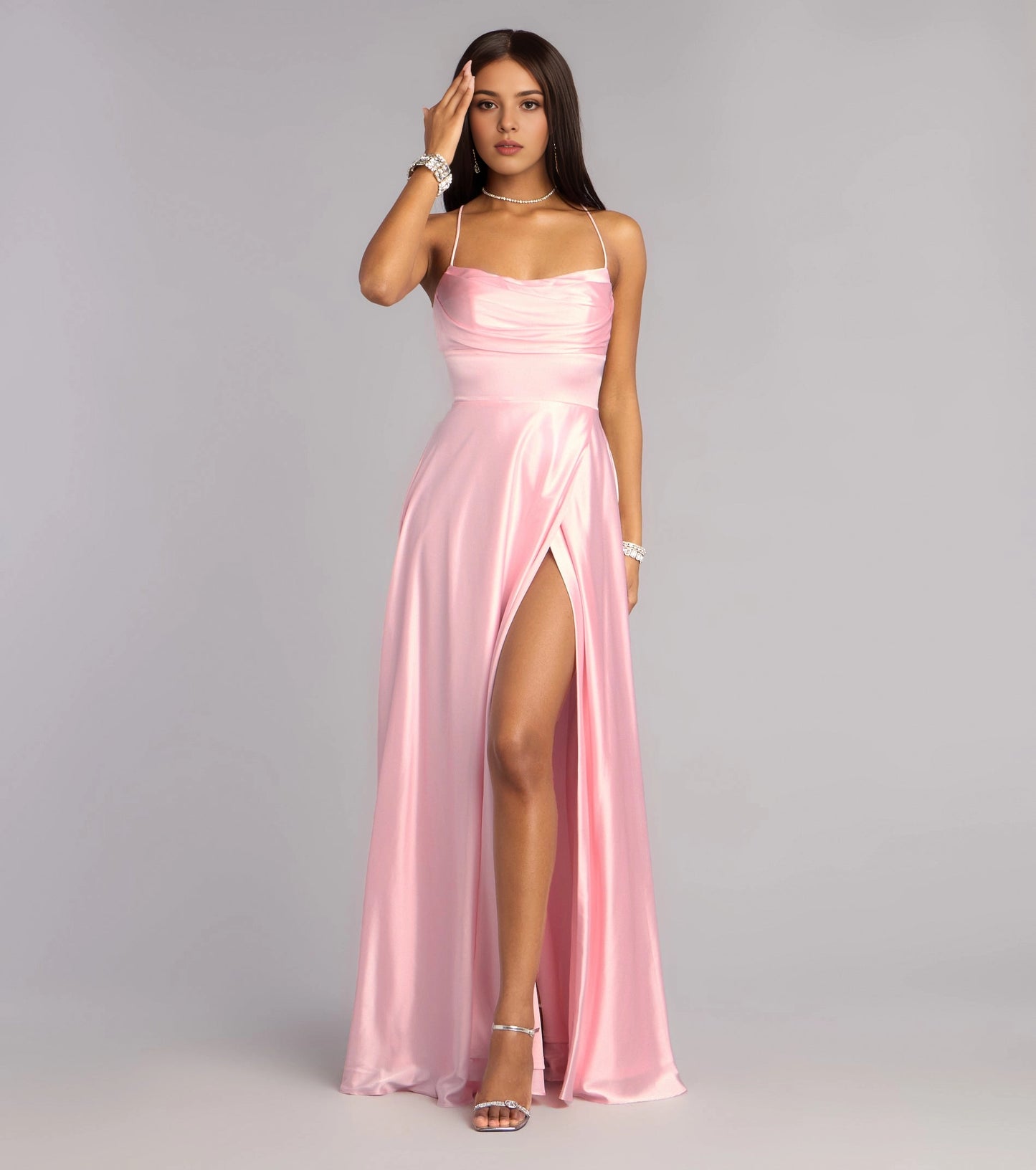 Shiny A-Line Cowl Spaghetti Strap Lace Up Back Slit Maxi Prom Dress