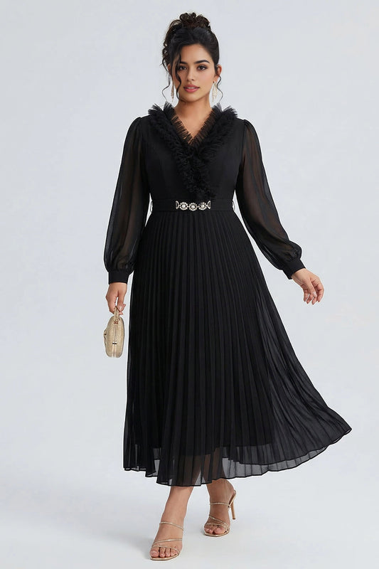 roselledress black plus size a-line v neck pleated midi wedding guest dress with rhinestone belt sheer long sleeve for curvy women
