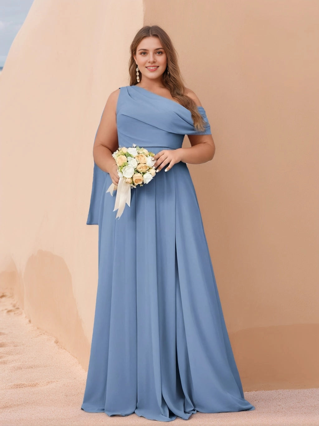 RoselleDress dusty blue chiffon a line plus size bridesmaid dress one shoulder draped sash floor length beach wedding guest gown
