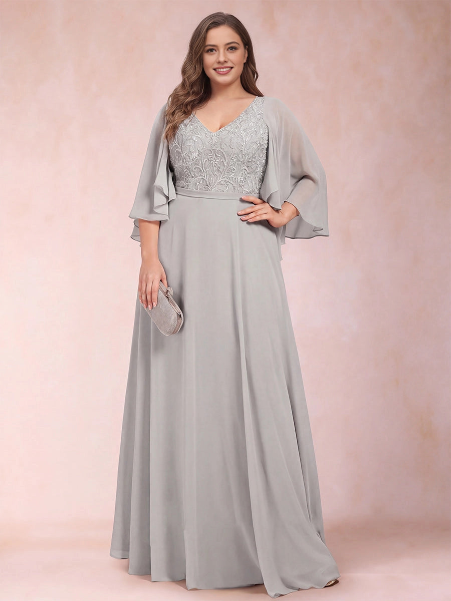 Roselledress grey chiffon plus size mother gown v neck embroidered lace cape sleeve wedding formal maxi dress front view