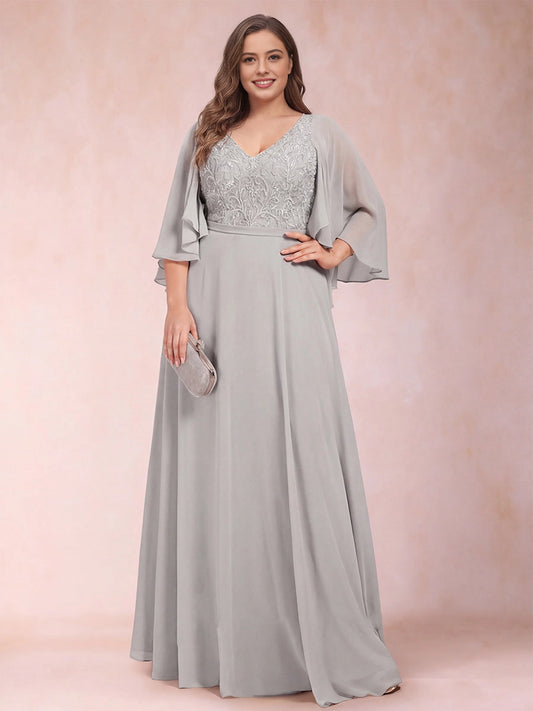 Roselledress grey chiffon plus size mother gown v neck embroidered lace cape sleeve wedding formal maxi dress front view