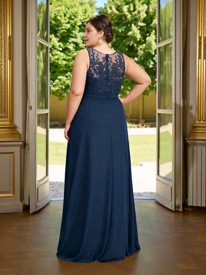 Modest A‑Line Illusion‑Neck Sleeveless Closed‑Back Floor‑Length Plus Size Mother Of Bride Dress