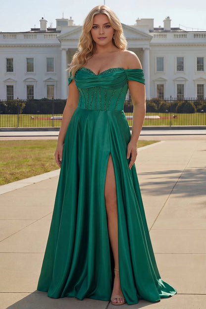 Lavender Plus Size A-Line Off Shoulder Lace Up Back Long Prom Dress
