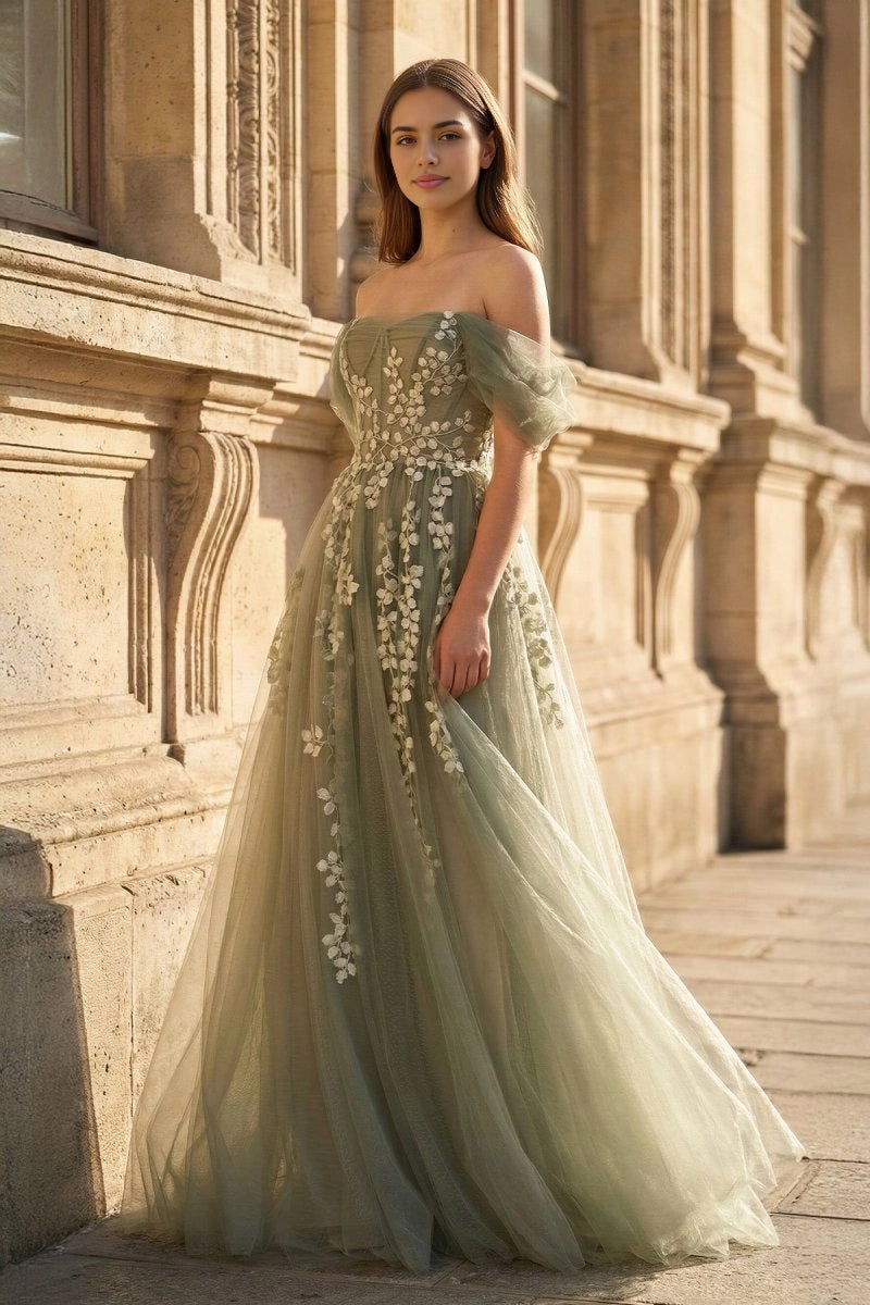 Roselledress sage green tulle off shoulder bridesmaid dress 3D floral a-line maxi gown