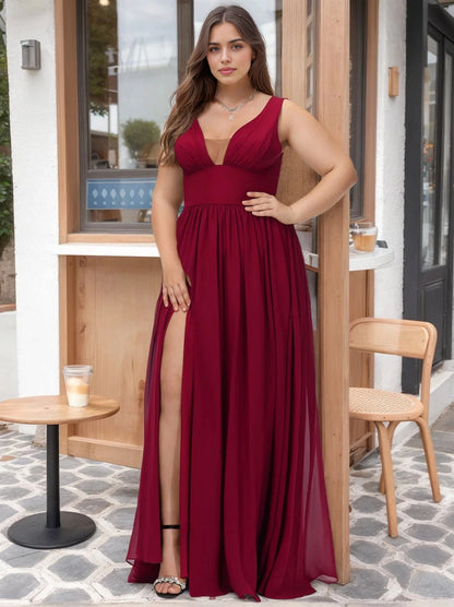 roselledress burgundy chiffon plus size bridesmaid dress deep v mesh sleeveless a line high slit maxi formal gown cafe outdoor wedding