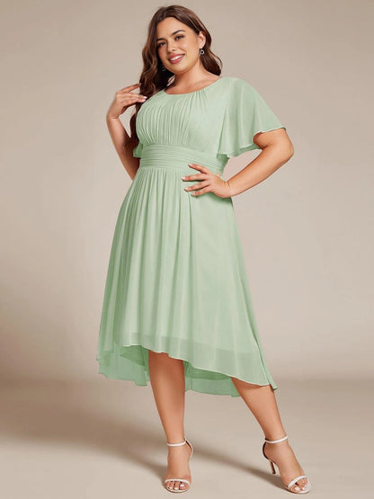 Roselledress Burgundy Round Neck Flutter Sleeve Zip Back High-Low Midi Plus Size Weeding Guest Dress