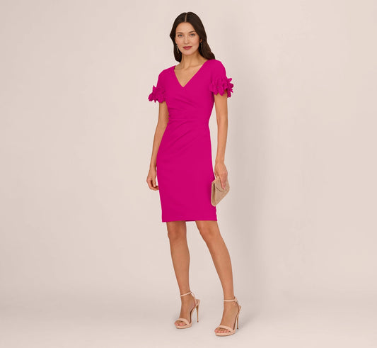 roselledress fuchsia wrap sheath mother of the bride dresses front view v neck short sleeve 3d floral cuff knee length crepe formal gown