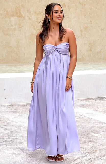 Lavender A-Line Strapless Twist Bust Plain Back Long Prom Dress
