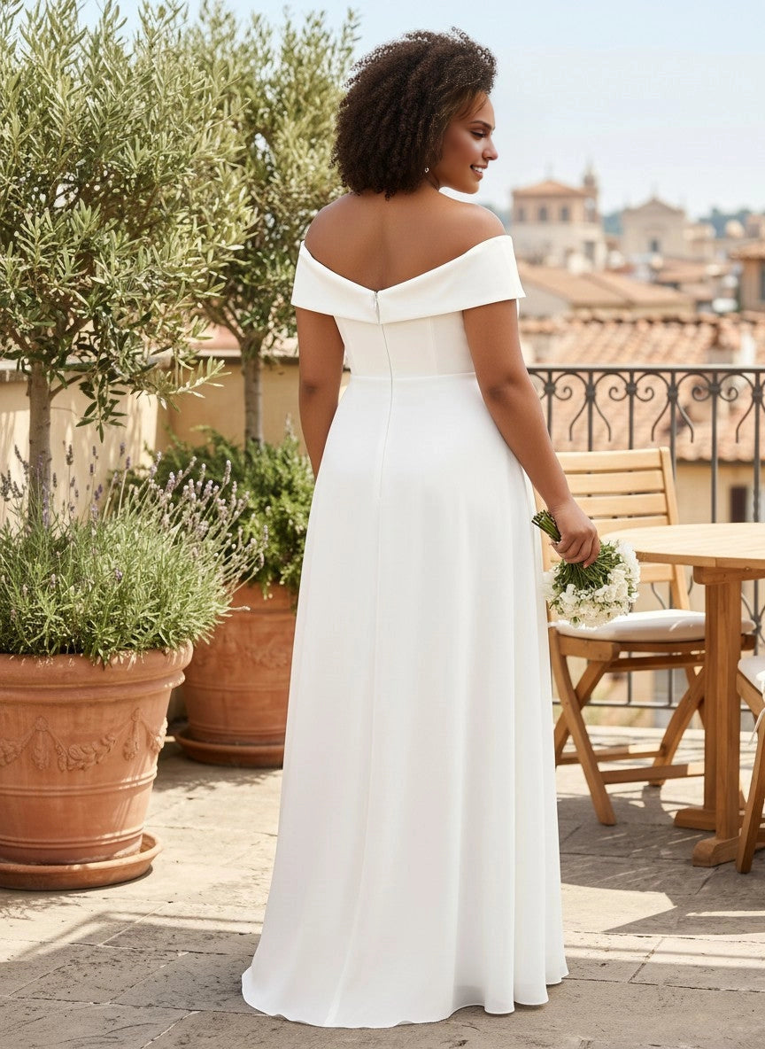 Roselledress chiffon maxi plus size dress back view, plain off-shoulder back invisible zipper simple wedding reception gown