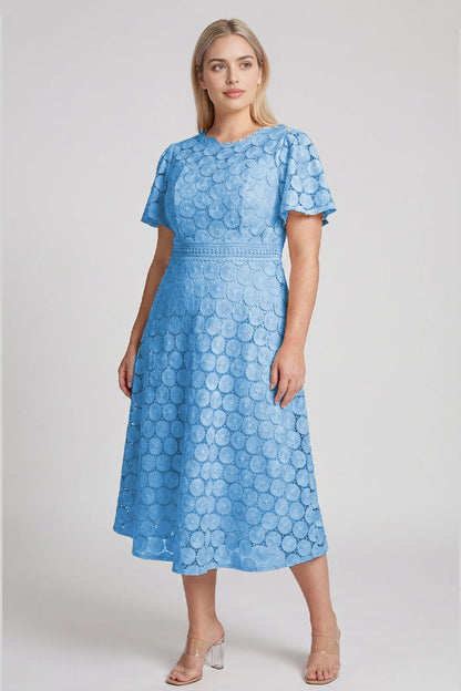 dress light blue plus size a-line round neck lace midi wedding guest dress for curvy women daytime events