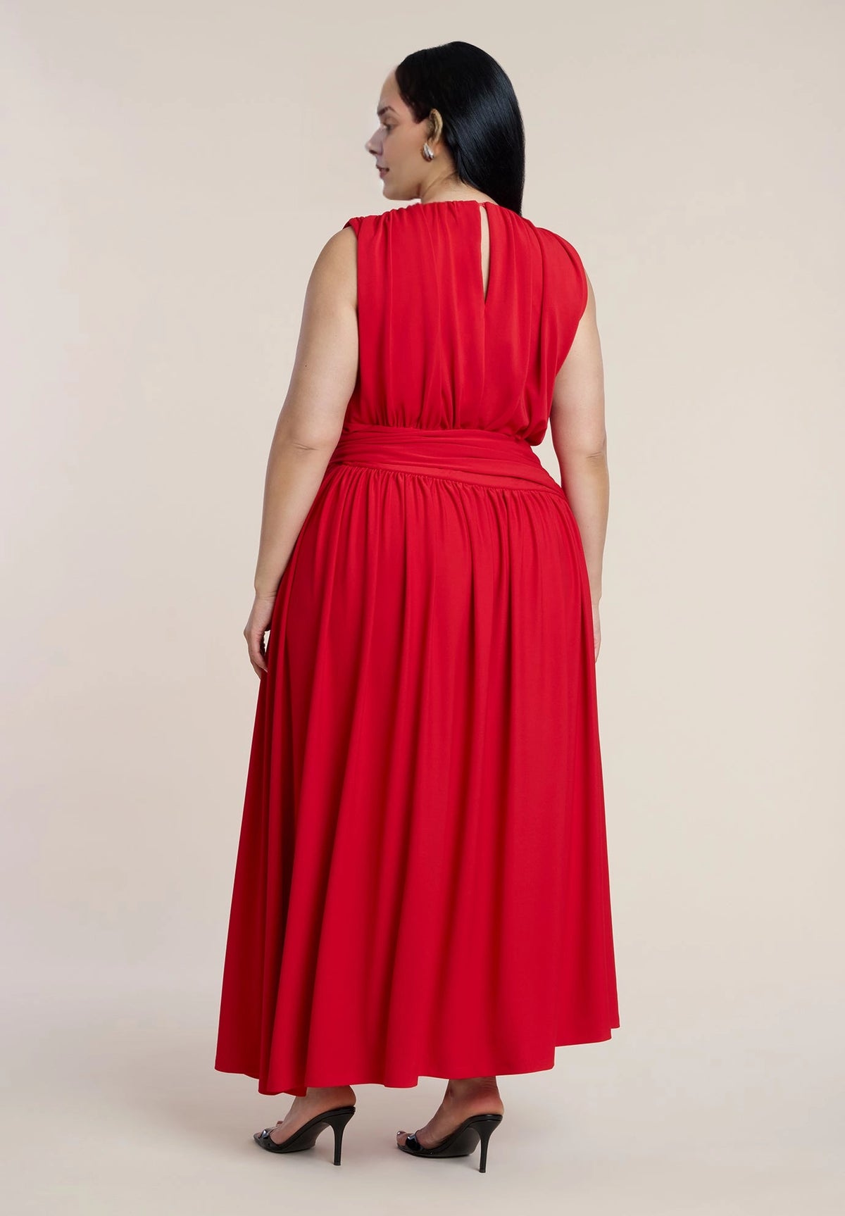Roselle Dress plus size red keyhole back gathered maxi formal wedding guest dress back view