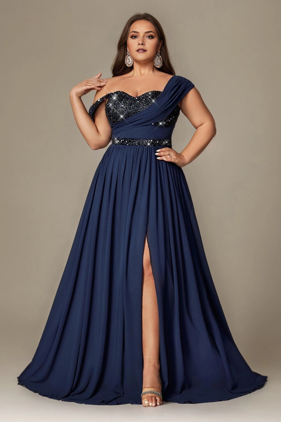 dress navy plus size a-line off shoulder sequin bridesmaid gown with front thigh slit for curvy women
