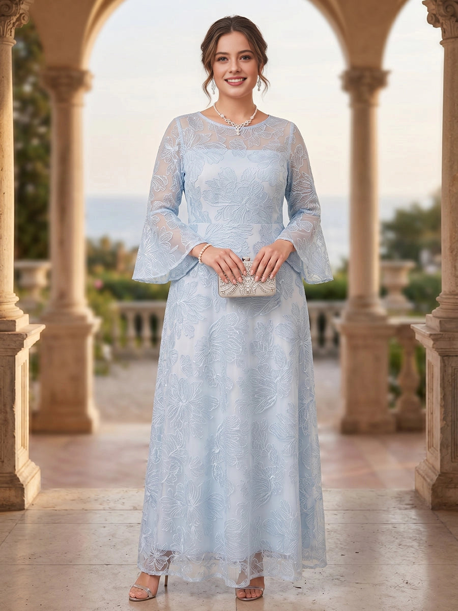 Roselledress light blue lace plus size mother gown round neck floral sequin bell sleeve outdoor wedding formal maxi dress front view