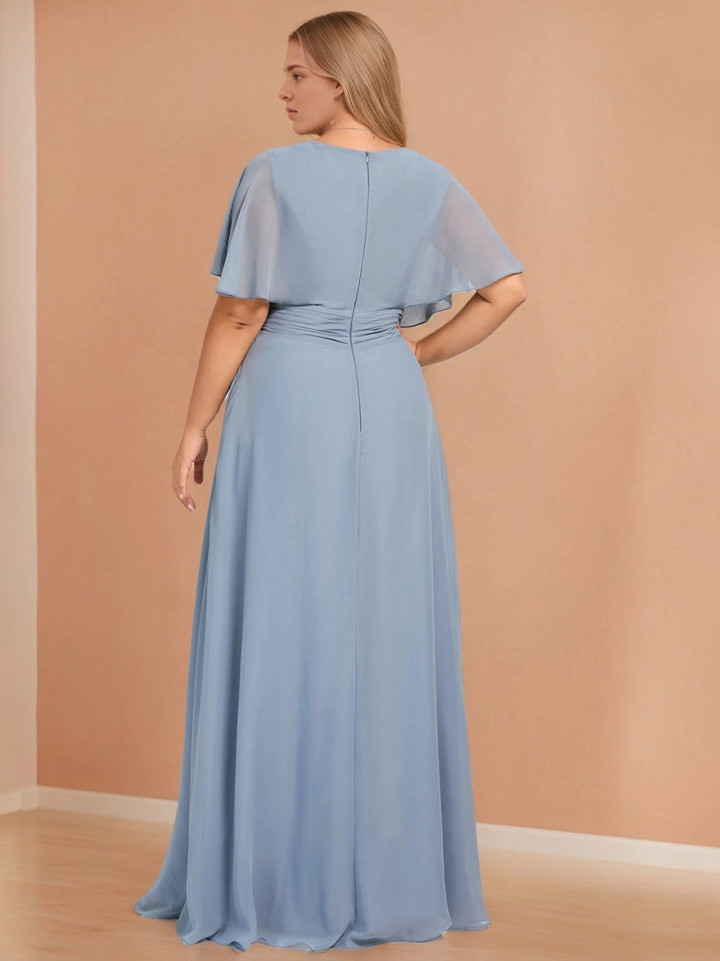 roselledress slate blue curvy chiffon wedding dress back view round neck concealed vertical zipper loose maxi bridesmaid gown