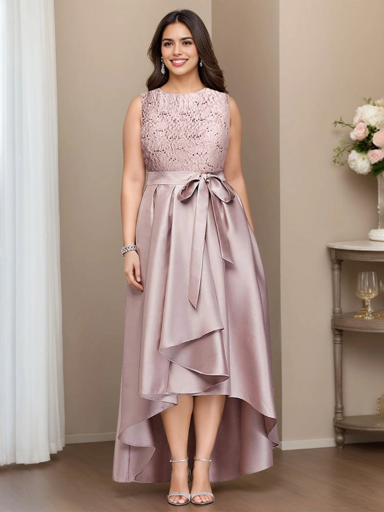 roselledress dusty rose satin plus size mother of the bride dress sleeveless lace bodice sash bow high‑low formal wedding guest gown