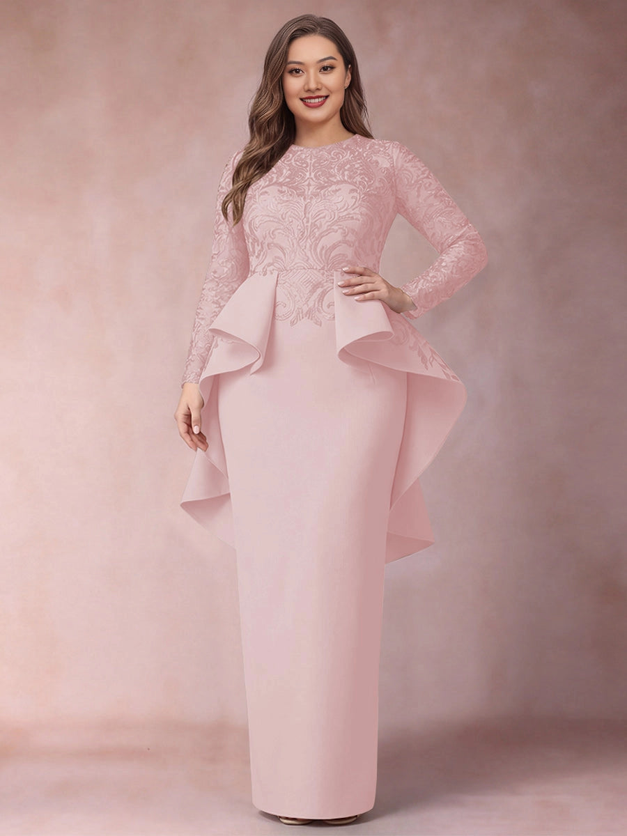 Sheath Round Neck Long Sleeve Back Zipper Maxi Plus Size Lace Peplum Mother Of The Bride Dress