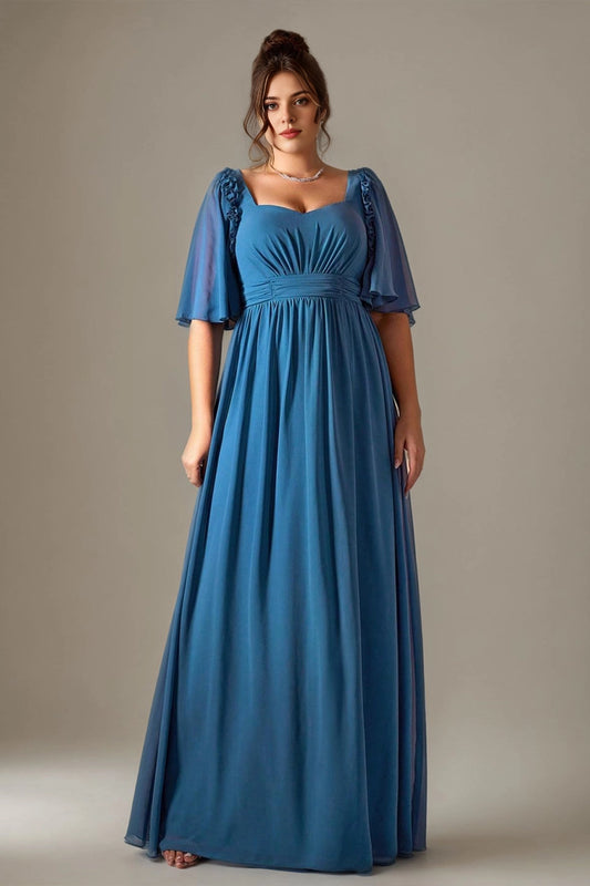 Roselledress plus size dusty blue chiffon prom gown sweetheart neck flutter sleeve front view
