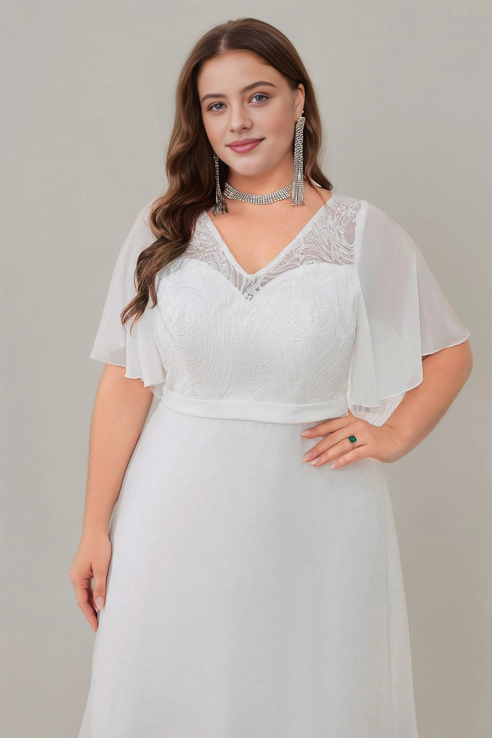 Soft Plus Size A-Line V-Neck Flutter-Sleeve Lace-Back Floor-Length Mother Of Bride Dress