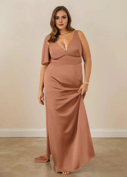 roselledress dusty rose plus size bridesmaid mermaid dress v neck single flutter sleeve satin formal gown