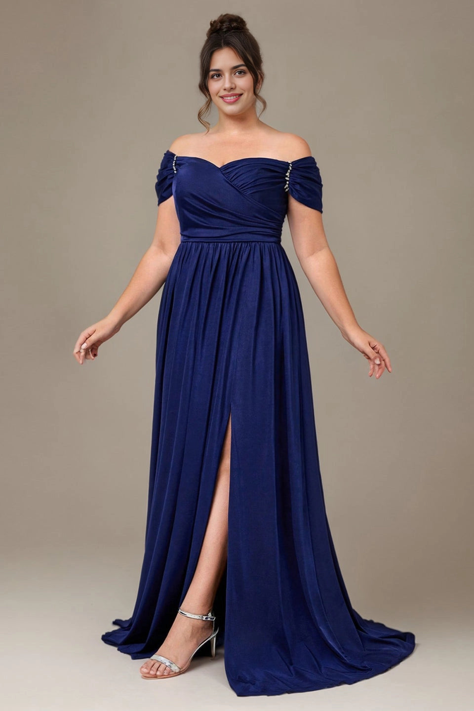 Vedress navy plus size off shoulder long prom dress ruched rhinestone sleeve high slit a-line evening gown