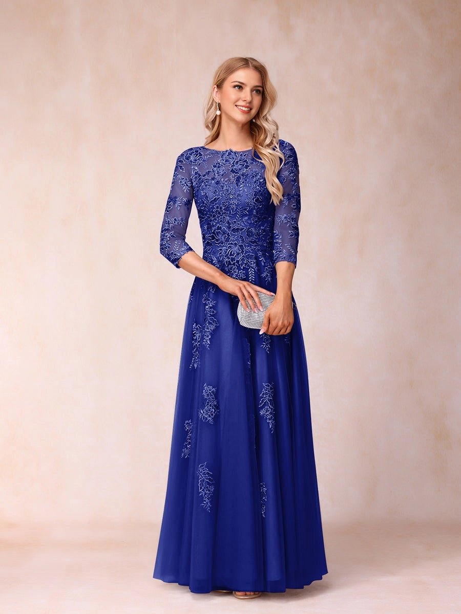 Graceful A Line Round 3/4 Sleeve Illusion V Back Lace Long Mother Of Bride Dress