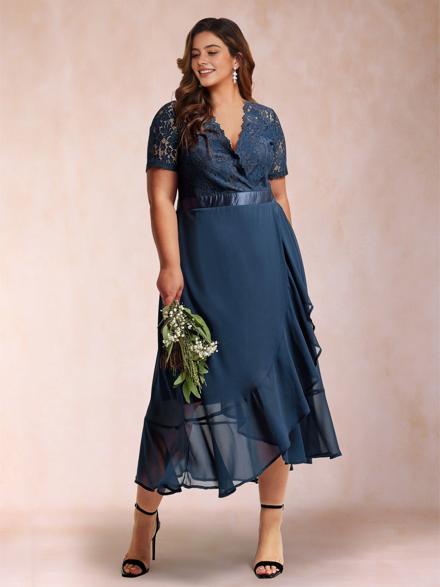 roselledress navy lace chiffon plus size midi mother dress wrap v neck ruffle wedding guest gown