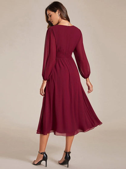 Roselledress Emerald A-Line V-Neck Lantern-Sleeve Solid-Zip-Back Midi Plus Size Weeding Guest Dress