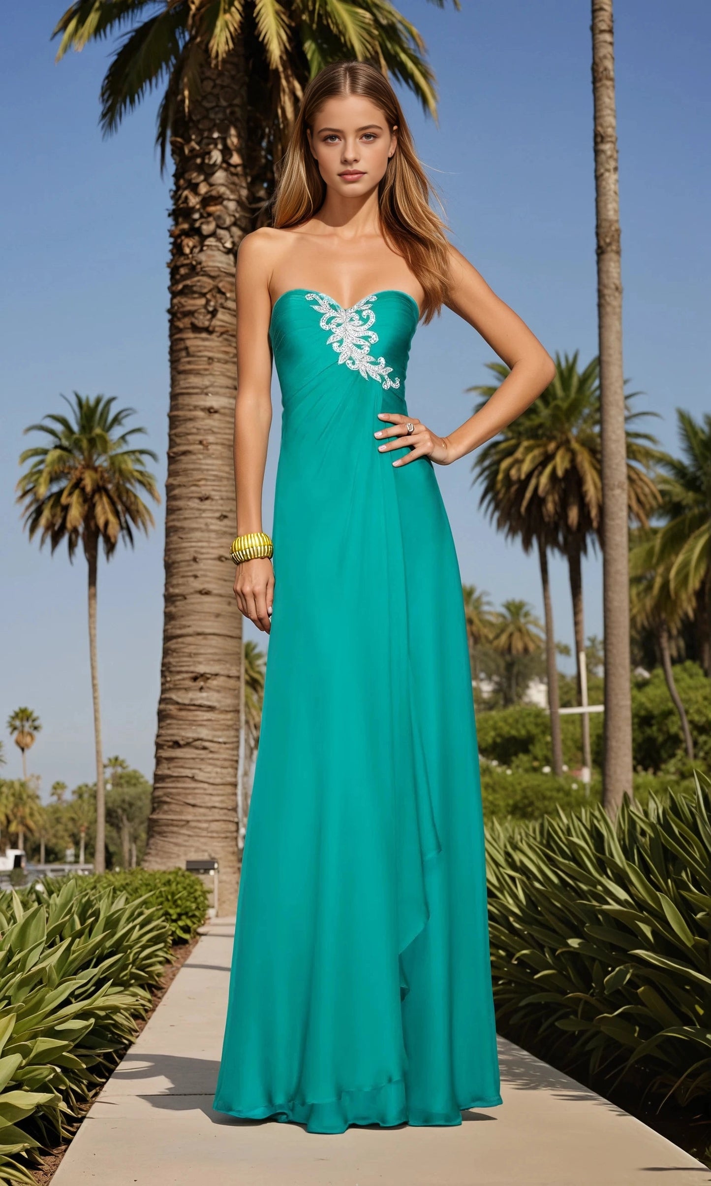 roselledress bright turquoise lightweight chiffon strapless sweetheart silver rhinestone vine embroidery waist ruched flowy a-line long bridesmaid gown tropical palm courtyard outdoor front full shot