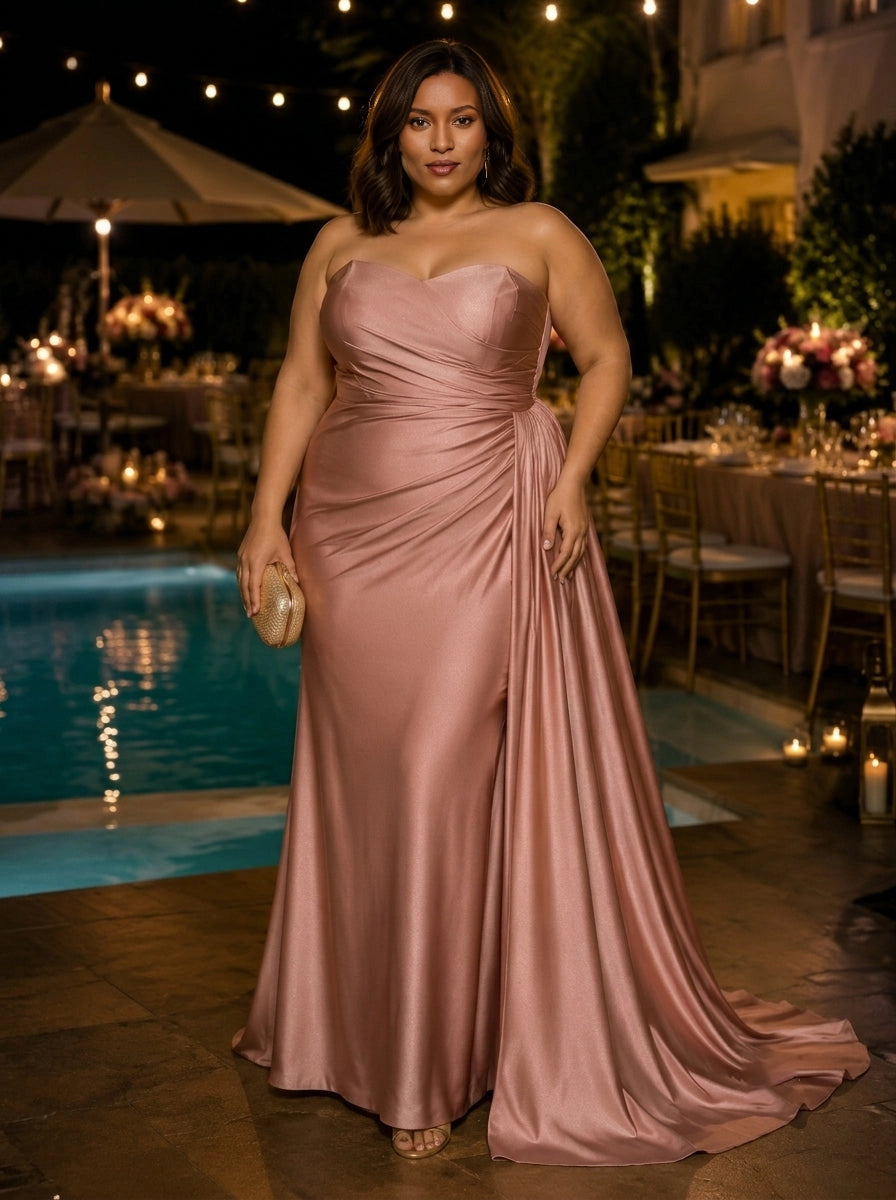 roselledress dusty pink satin sweetheart strapless plus size mermaid prom dress front view