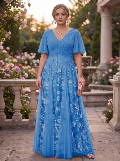 Dreamy Plus Size A-Line V-Neck Flutter-Sleeve V-Back Floor-Length Mother Of Bride Dress