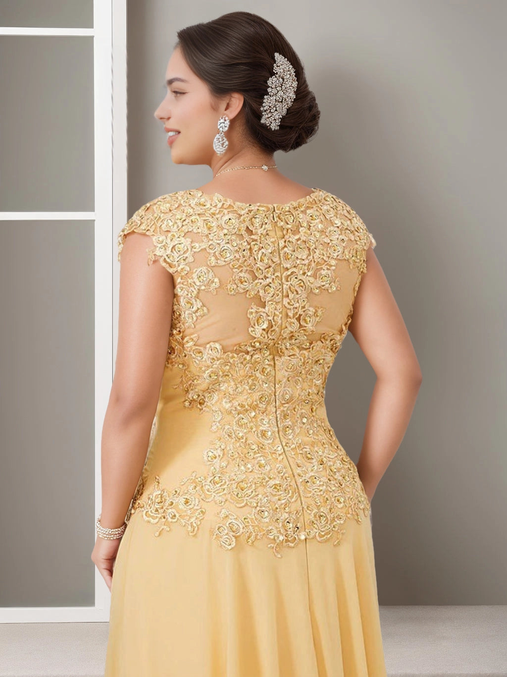 Golden Yellow A‑Line Illusion Neck Cap Sleeve Illusion Back Floor Length Plus Size Mother Of The Bride Dress