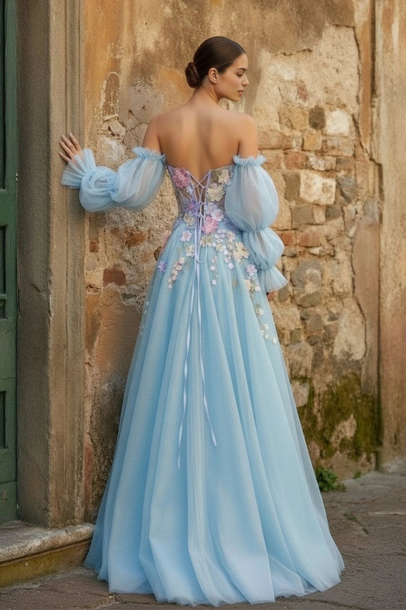 Roselledress Glitter Tulle Aline Sweet heart Off Shoulder Puff Sleeve Lace Up Back Slit Plus Size Prom Dress