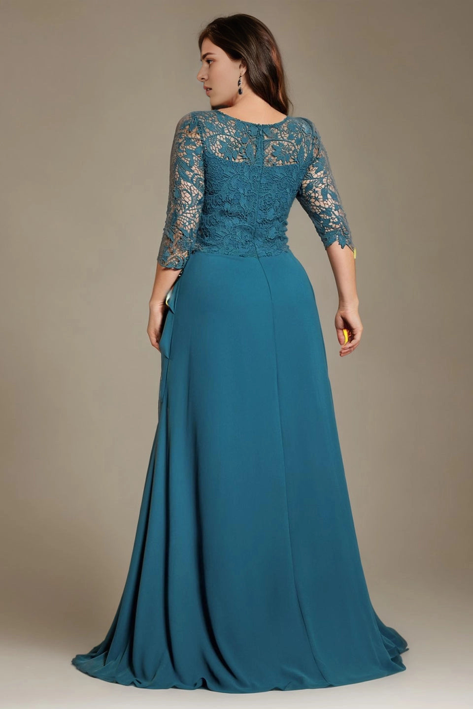 Back view Roselledress teal plus size mermaid gown lace bateau neck zip‑back floor length mother of bride dress