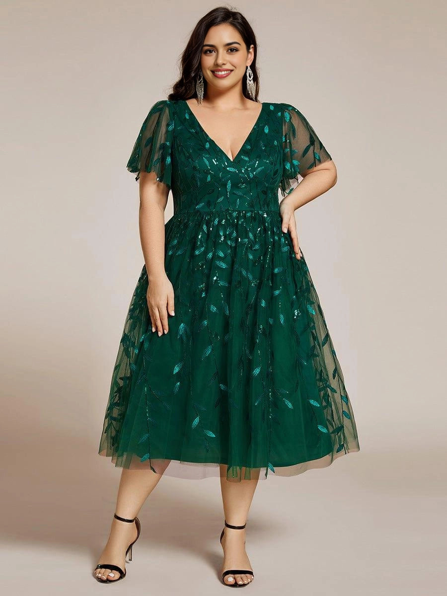 Roselledress Burgundy Leaf Sequin V-Neck Flutter Sleeve Zip Back Midi Plus Size Weeding Guest Dress