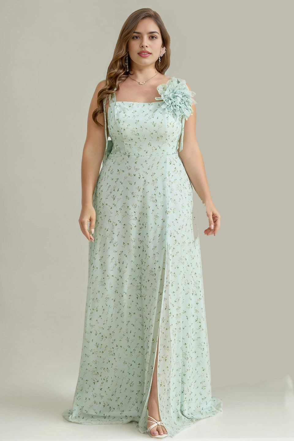 dress mint green plus size a-line square neck floral chiffon bridesmaid gown with 3d flower for curvy women