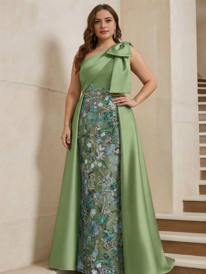 roselledress sage green plus size mother of the bride floor mermaid dress one shoulder big bow floral beaded embroidery satin overlay garden wedding formal gown
