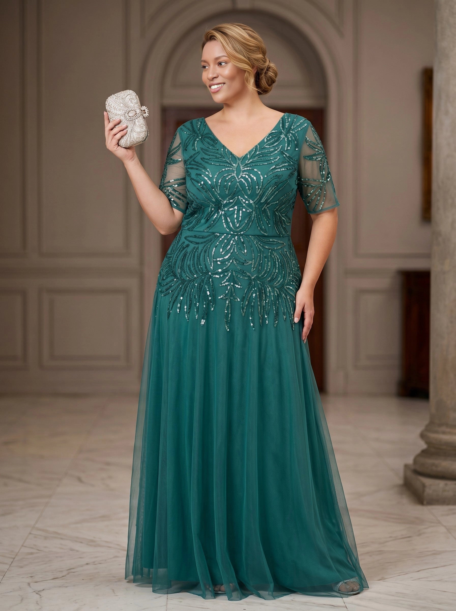 roselledress teal sequin beaded bodice mesh elbow sleeve a‑line plus‑size prom dress front view