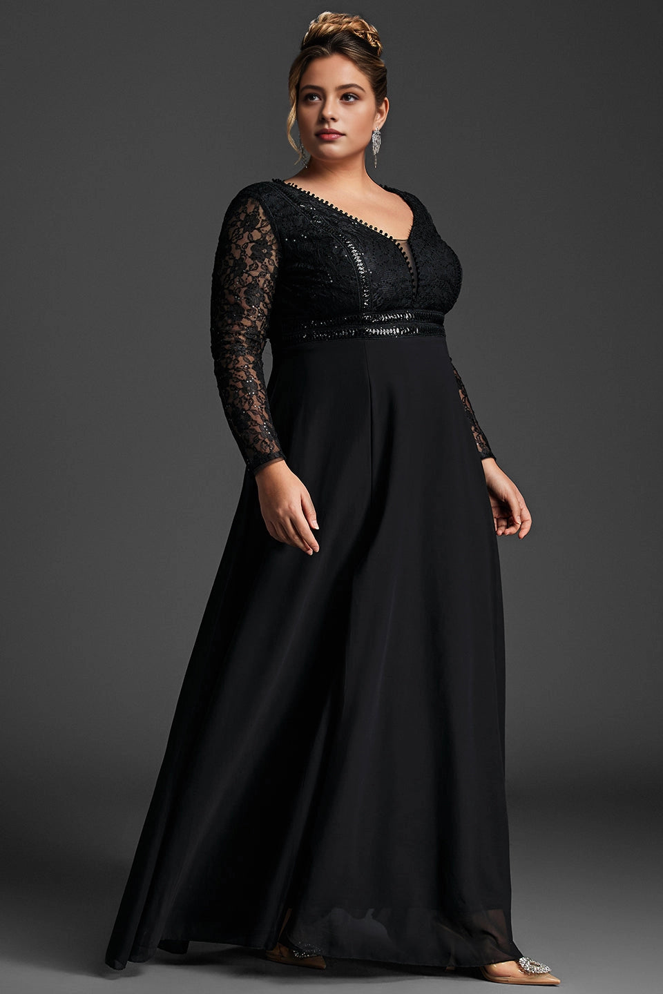 Roselledress formal evening dress sheer lace long sleeve high slit curvy party gown side photo