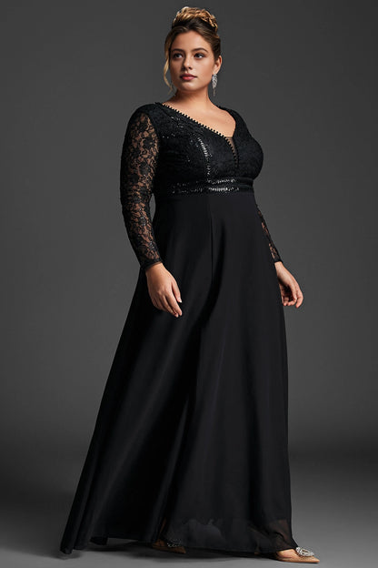 Roselledress formal evening dress sheer lace long sleeve high slit curvy party gown side photo