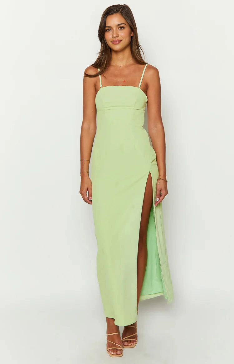 RoselleDress light green square neck midi bridesmaid dress spaghetti strap high slit column formal gown