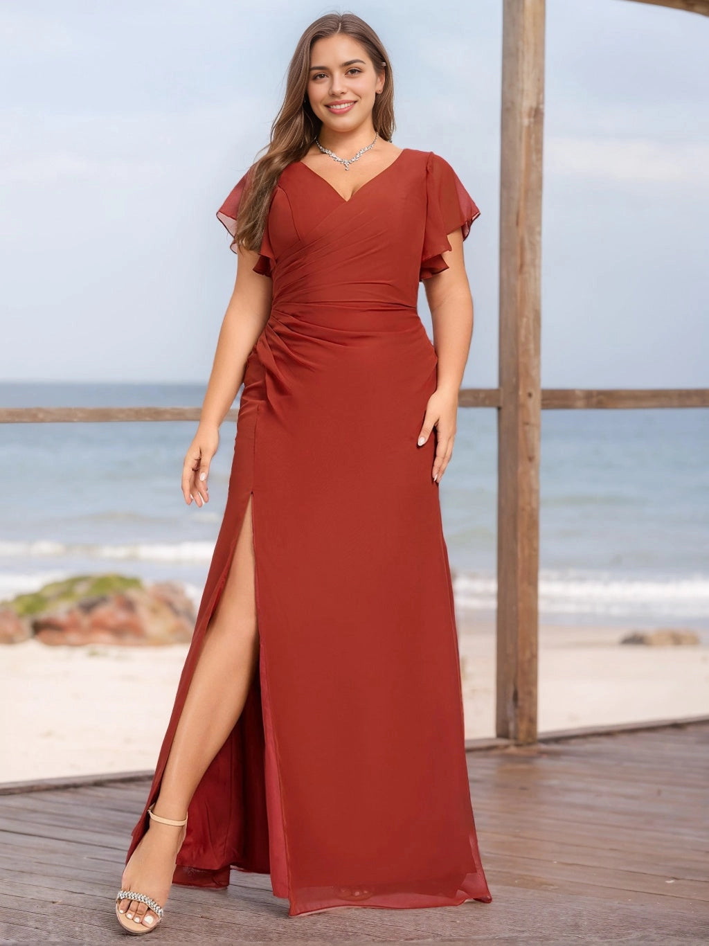 roselledress terracotta plus size chiffon bridesmaid dress modest v neck flutter sleeve a line gown ruched waist high slit beach wedding formal dress