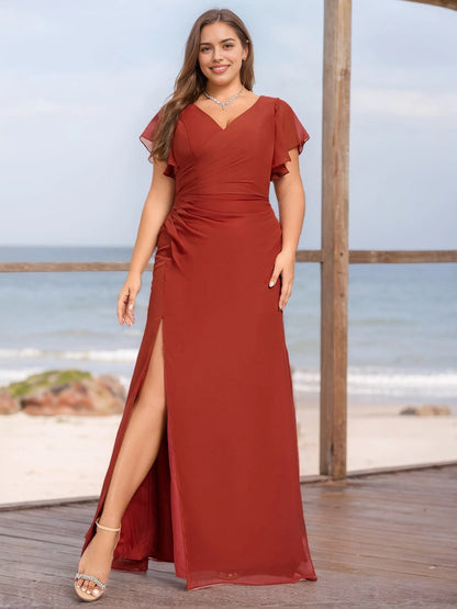 roselledress terracotta plus size chiffon bridesmaid dress modest v neck flutter sleeve a line gown ruched waist high slit beach wedding formal dress