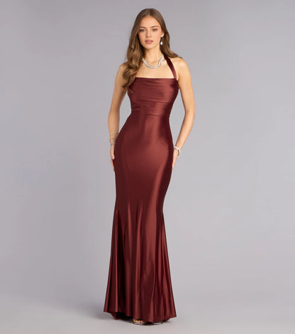 Navy Satin Mermaid Halter Cowl Sleeveless Crisscross Lace Up Back Maxi  Prom Dress