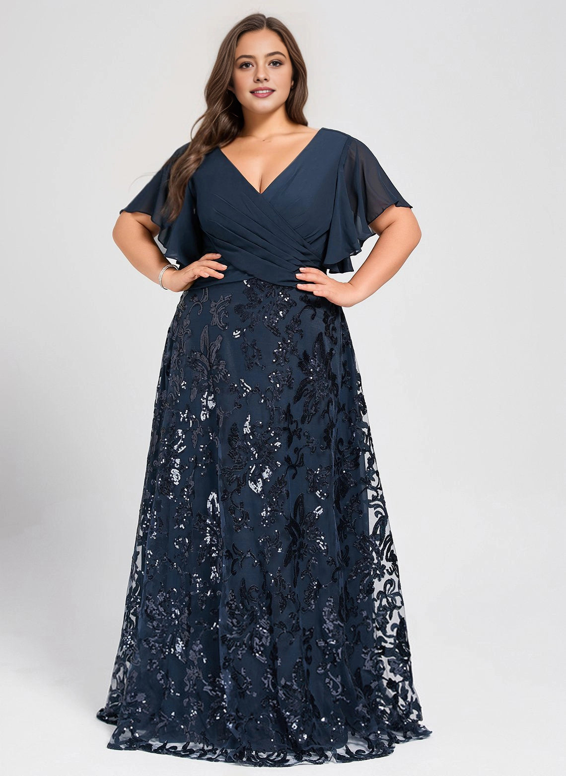 roselledress navy plus size mother of the bride maxi dress v neck flutter sleeve sequin lace formal gown