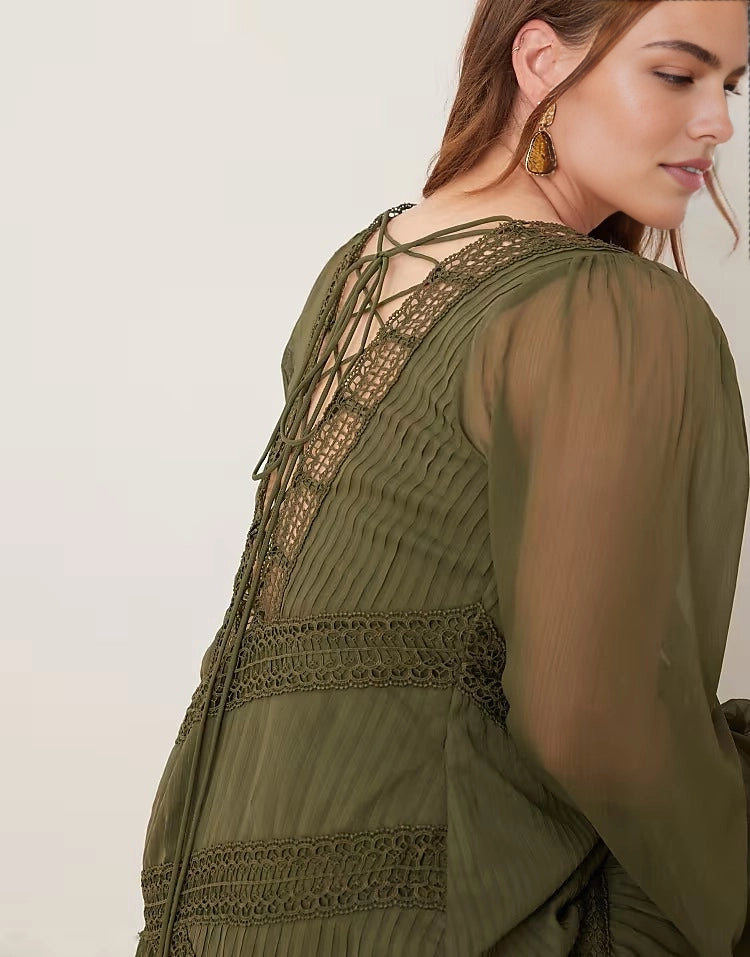 Roselledress Bohemian Plus Size A‑Line Asymmetric Neck Long Sleeve Lace‑Up Back Maxi Wedding Guest  Dress