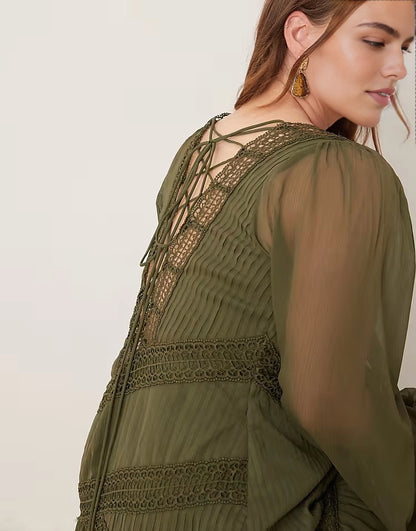 Roselledress Bohemian Plus Size A‑Line Asymmetric Neck Long Sleeve Lace‑Up Back Maxi Wedding Guest  Dress