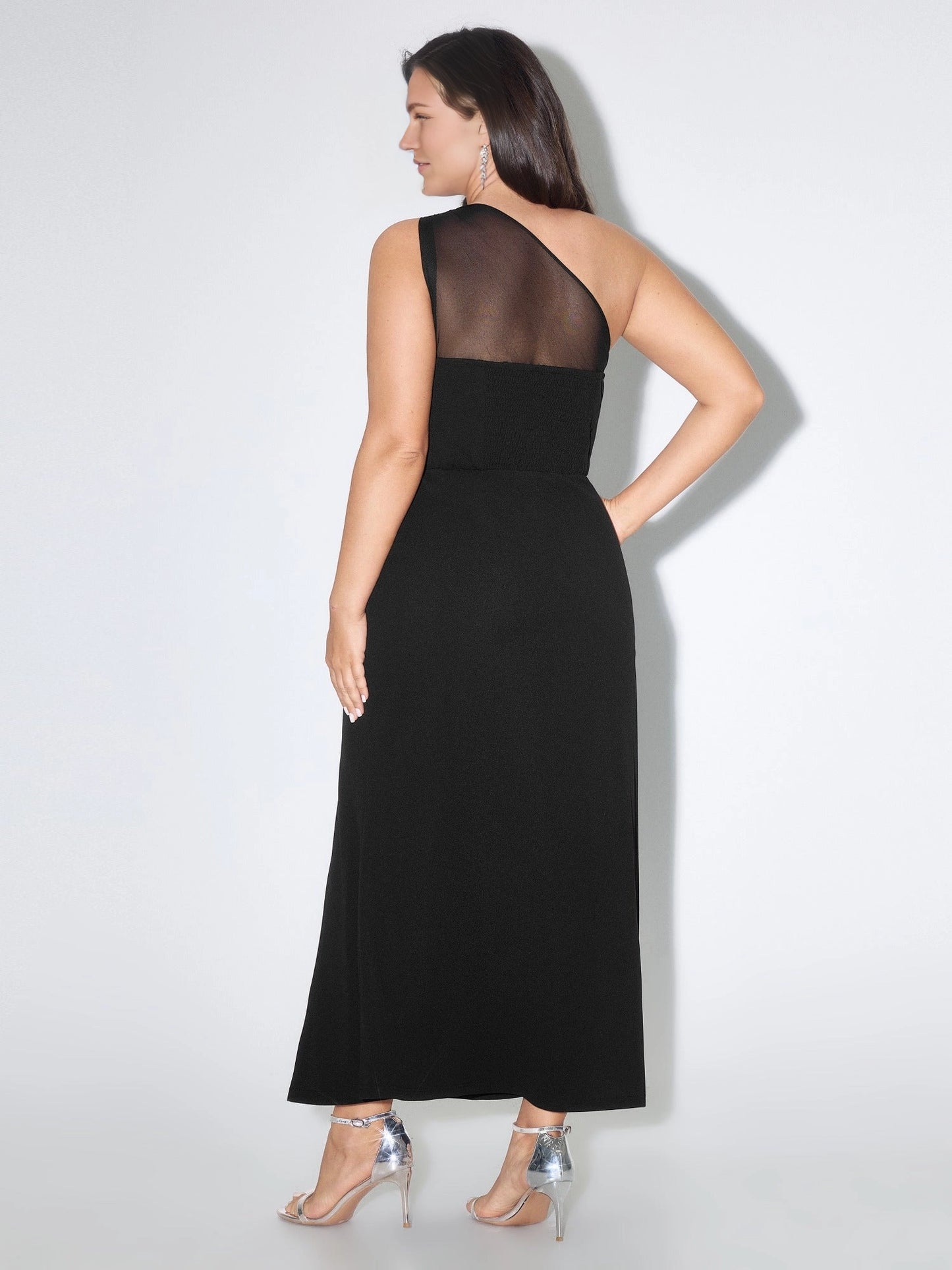 Elegant Sheath One‑Shoulder Sleeveless Mesh Back Midi Plus Size Wedding Guest Dress