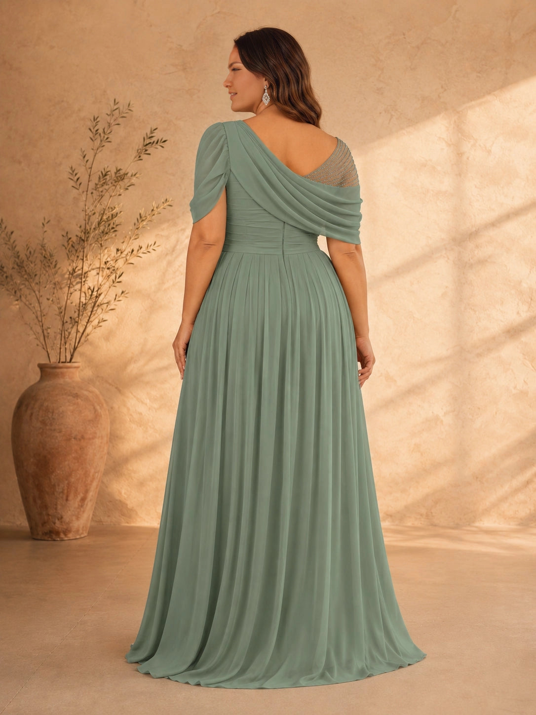 Roselledress sage green mother of bride gown back view, beaded open back chiffon plus size wedding mother dress